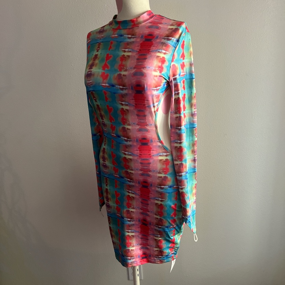 Blue and Pink Bell Sleeve Mock Neck Bodycon Dress
